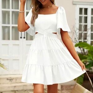 White Cutout Ruffle Mini Sundress S Rayon Smock Tier Flutter Boho Resort Bridal